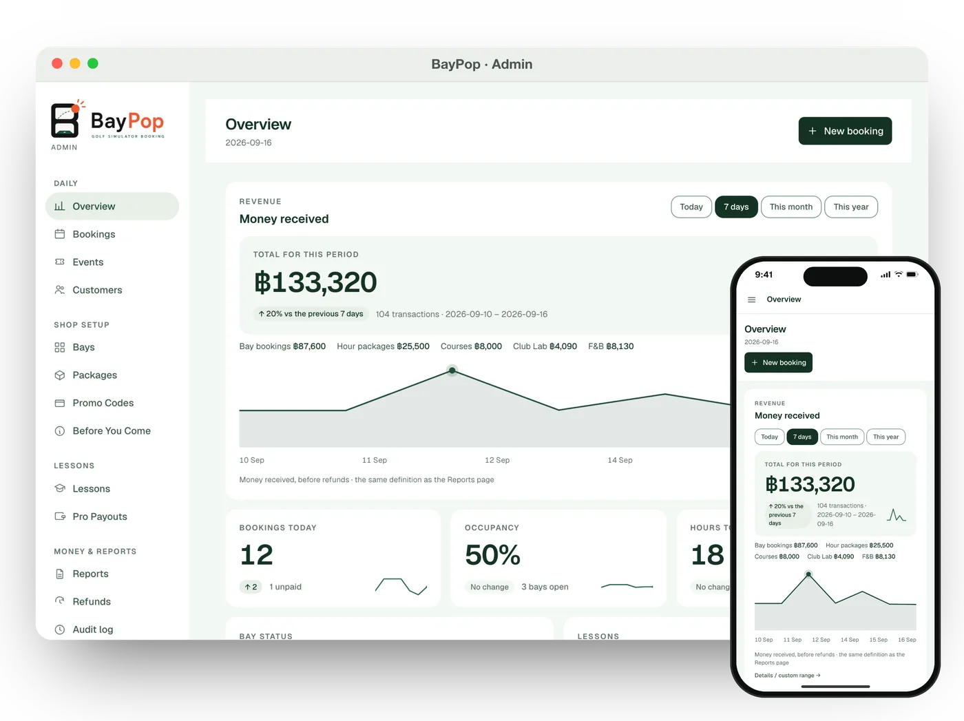BayPop admin overview on desktop and phone: money received for the period, today's bookings and occupancy