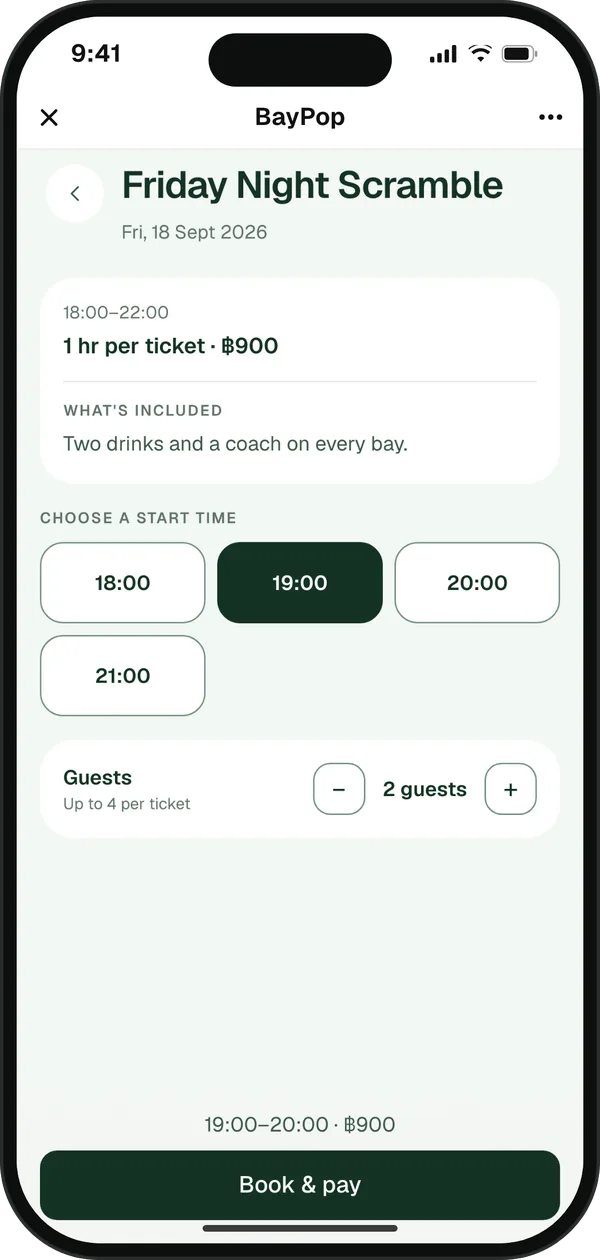 Event page for a Friday Night Scramble with start times, a guest counter and the ticket price