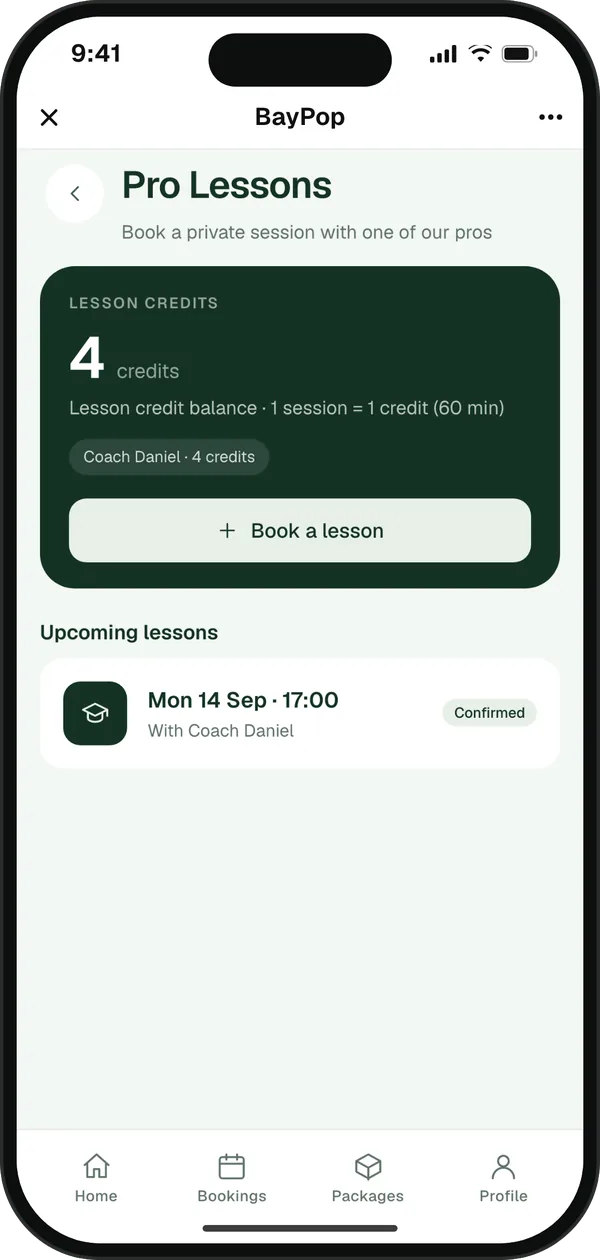 Lessons screen showing remaining lesson credits and an upcoming lesson with a coach