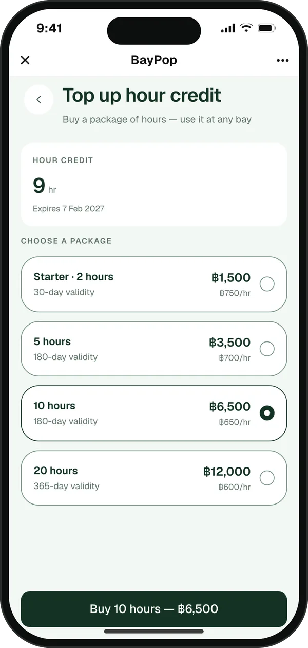 Hour packages screen showing a 9-hour credit balance above packages of 2, 5, 10 and 20 hours