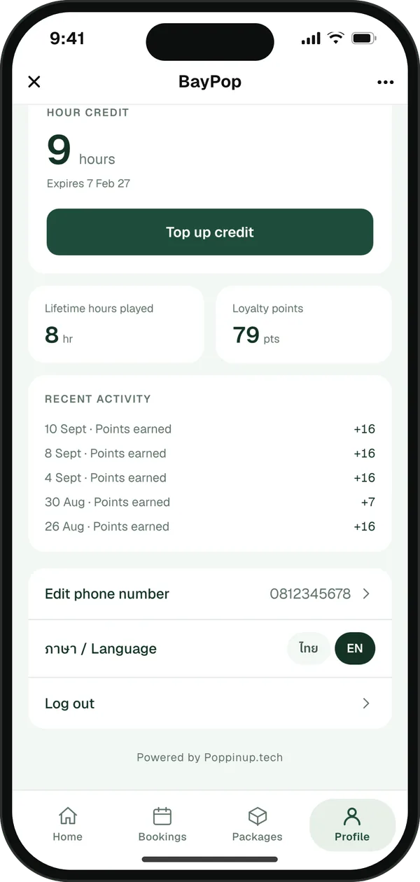 Customer profile showing lifetime hours played, loyalty points and a Thai and English language switch